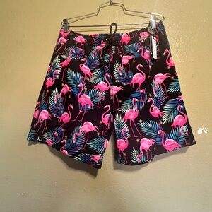Ocean Current Black Swim Shorts with Pink Flamingo & Teal Palm Print for men s L